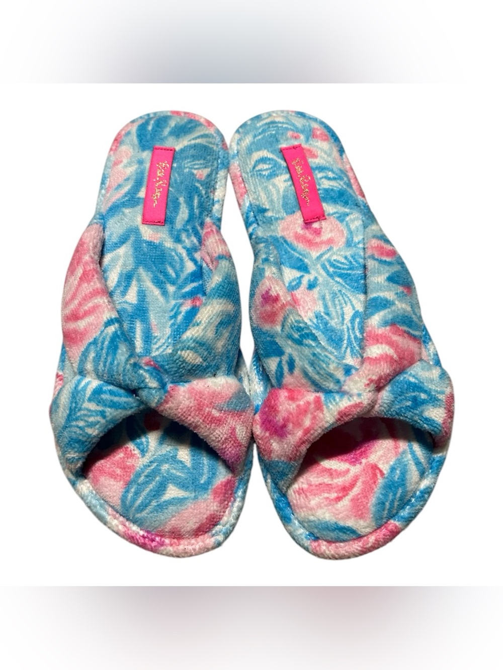 Lilly Pulitzer Floral Blue & Pink Terry Cloth Slide Slippers